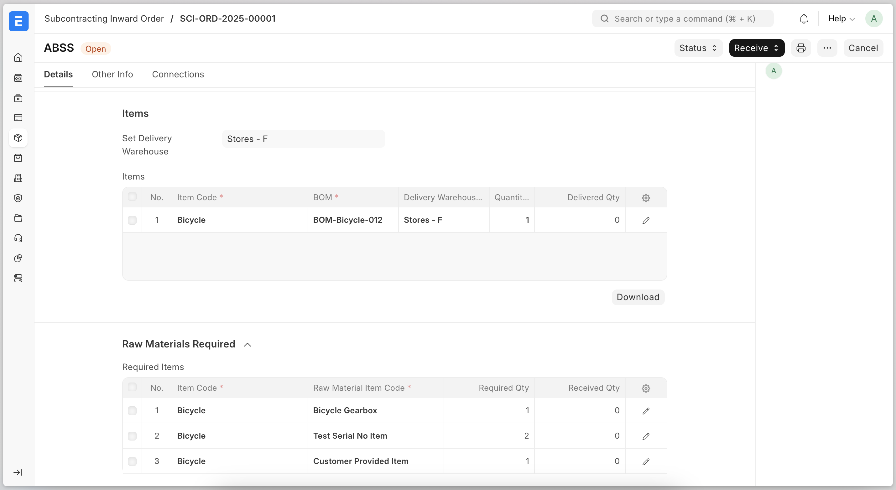 Subcontracting Inward Order